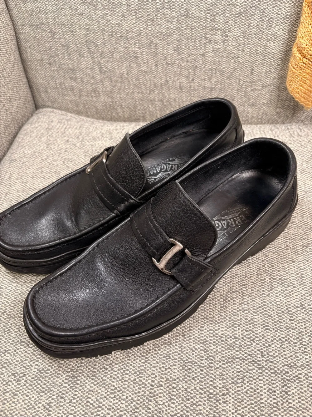 SALVATORE FERRAGAMO Men's Black Leather Slip-On Loafers with Buckle Detail